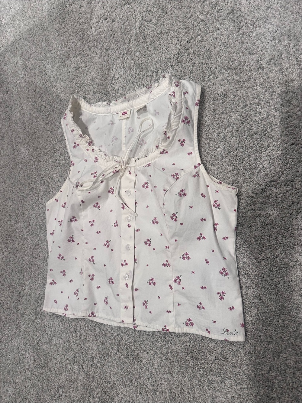 Levi's Cream Sleeveless Floral Tie-Neck Blouse